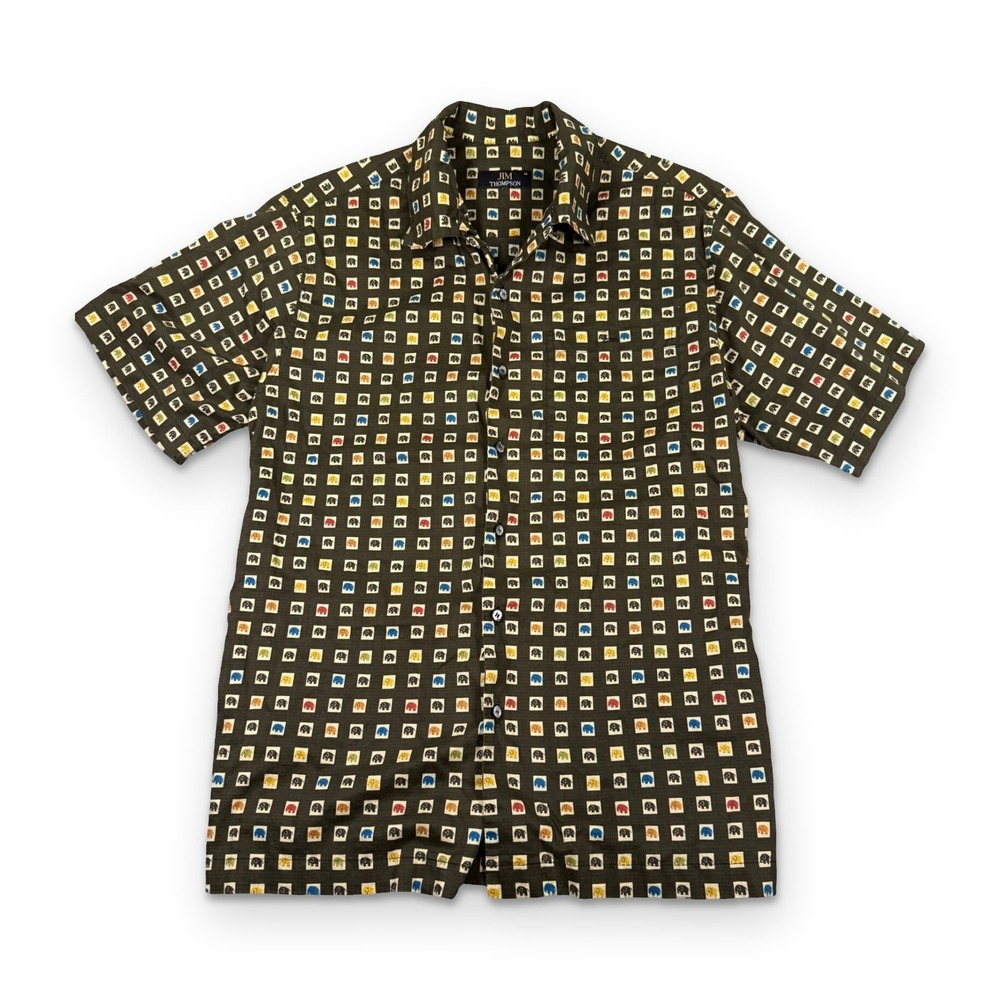 Vintage Jim Thompson Elephant All Over Print Loop Collar Button Shirt Mens M AOP